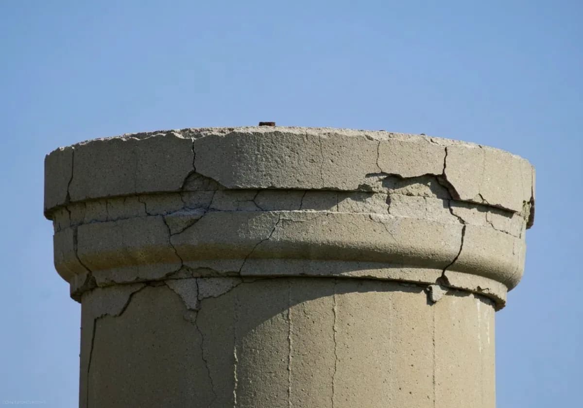 Illustration, before masonry repair (crown / repointing): round concrete chimney top with a crown broken by wide cracks and chipped edges