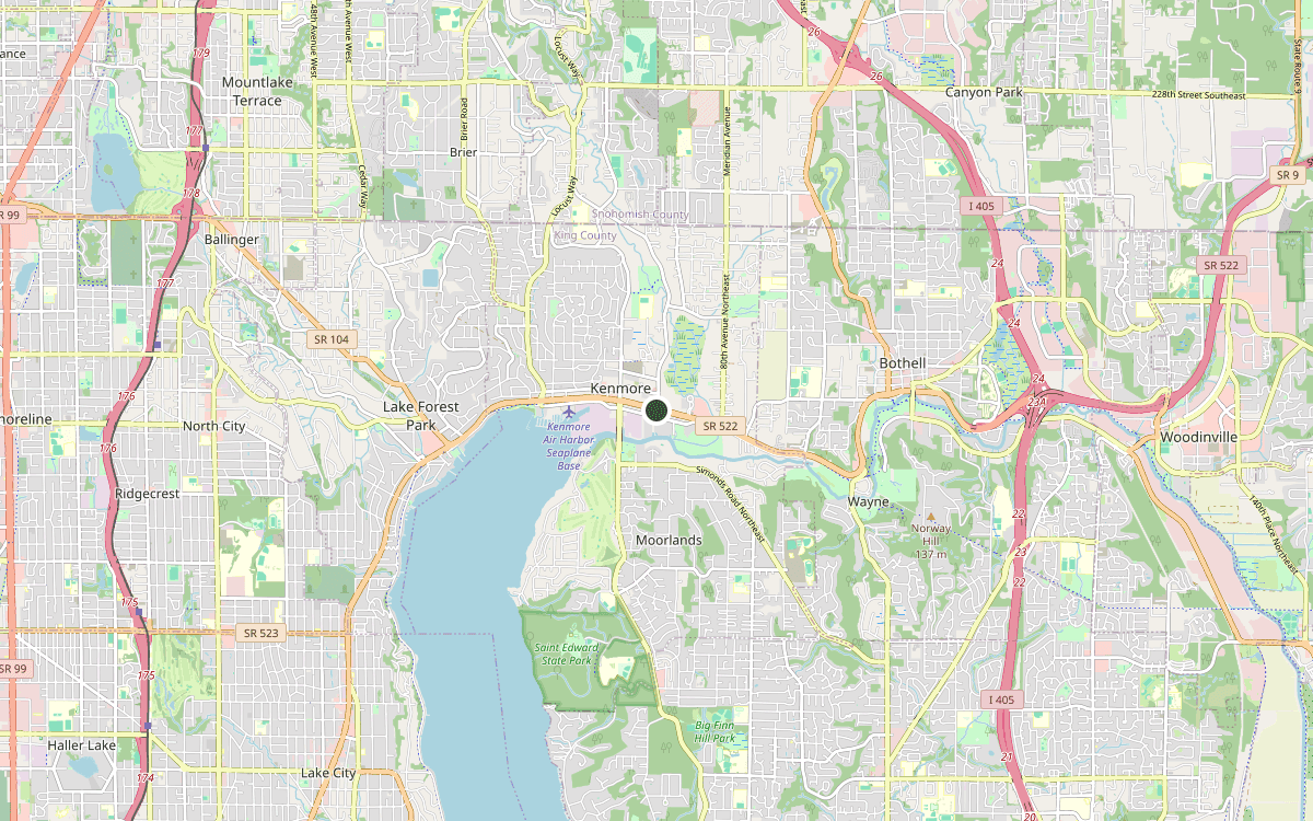 Map of our chimney service area in Kenmore, King County, WA