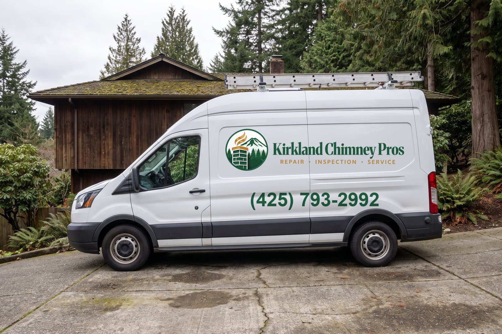 Chimney service van parked in a Kirkland residential driveway