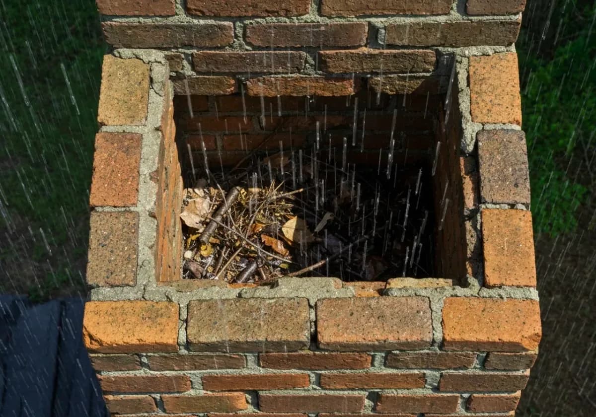 Before — chimney cap installation: A bare, wide-open flue finally covered — a stainless cap against our nine months of rain.