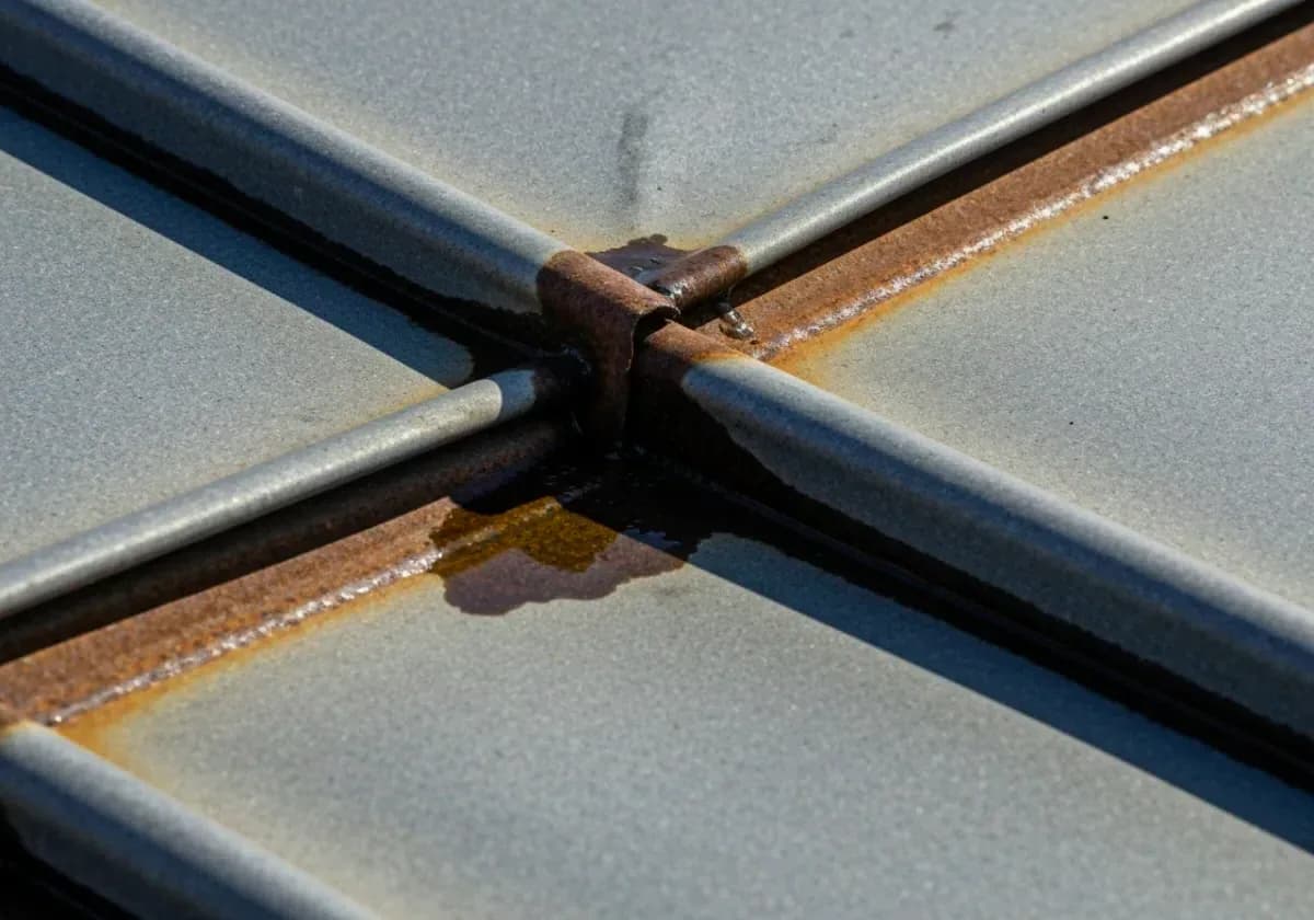 Before — chimney flashing repair: Rusted, weeping flashing swapped for fresh metal, sealed where chimney meets roofline.