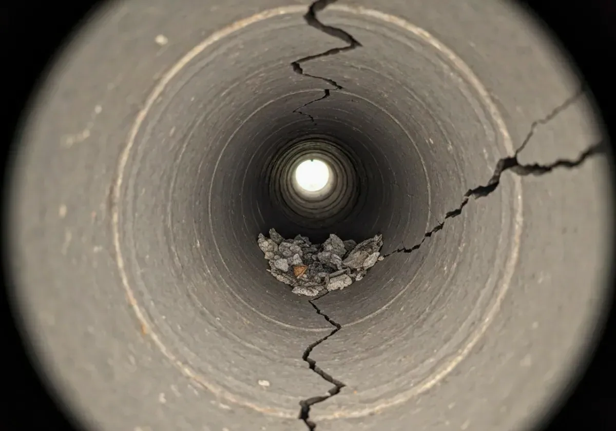 Before — chimney inspection: What the camera finds partway up a flue — damage no one could spot from the hearth.