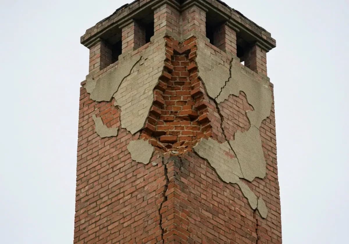 Before — chimney repair: Flaking brick and washed-out mortar brought back to a solid, weather-tight stack.