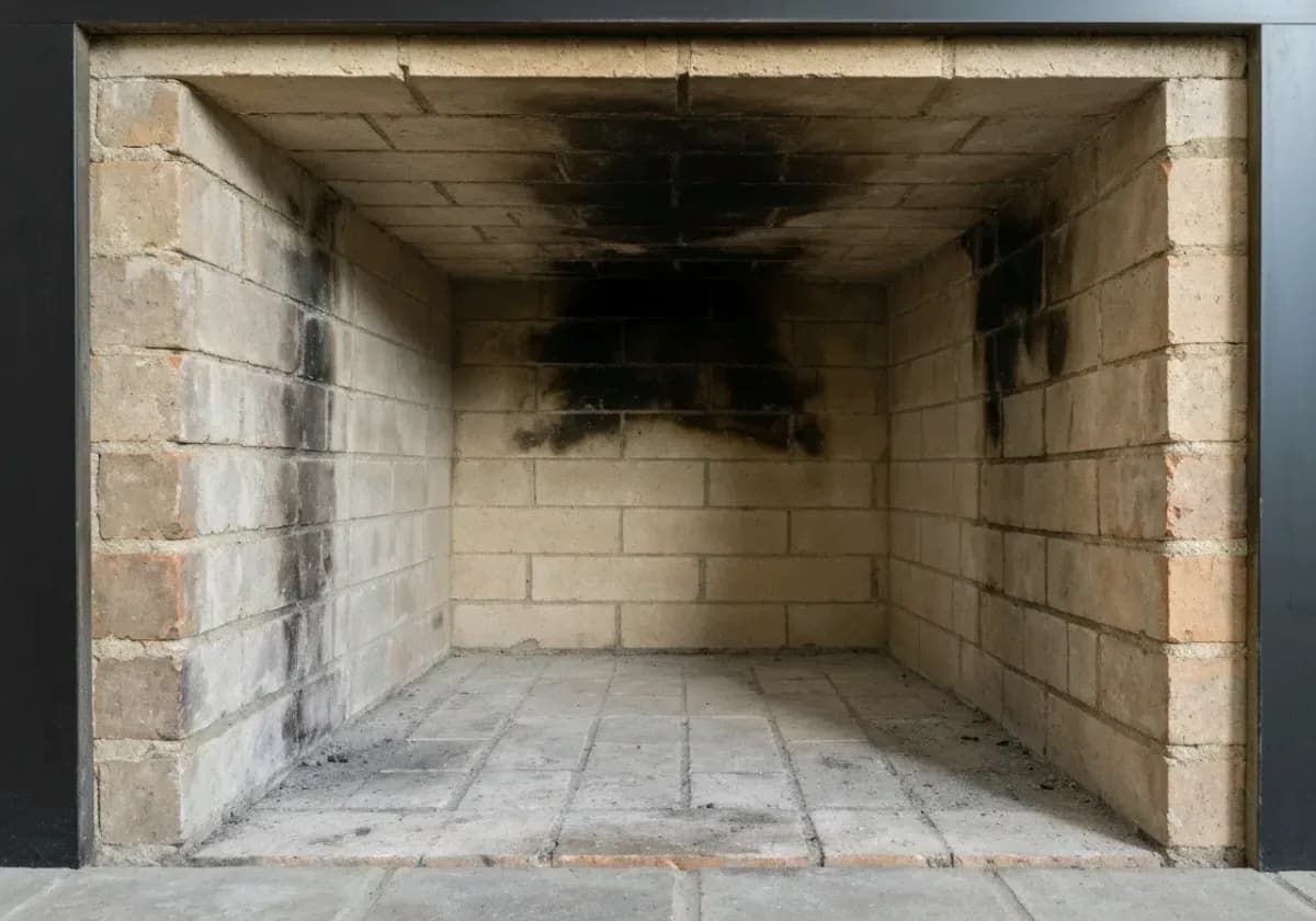 After — chimney sweep: A winter's worth of soot brushed out of the flue and smoke chamber, down to bare masonry.