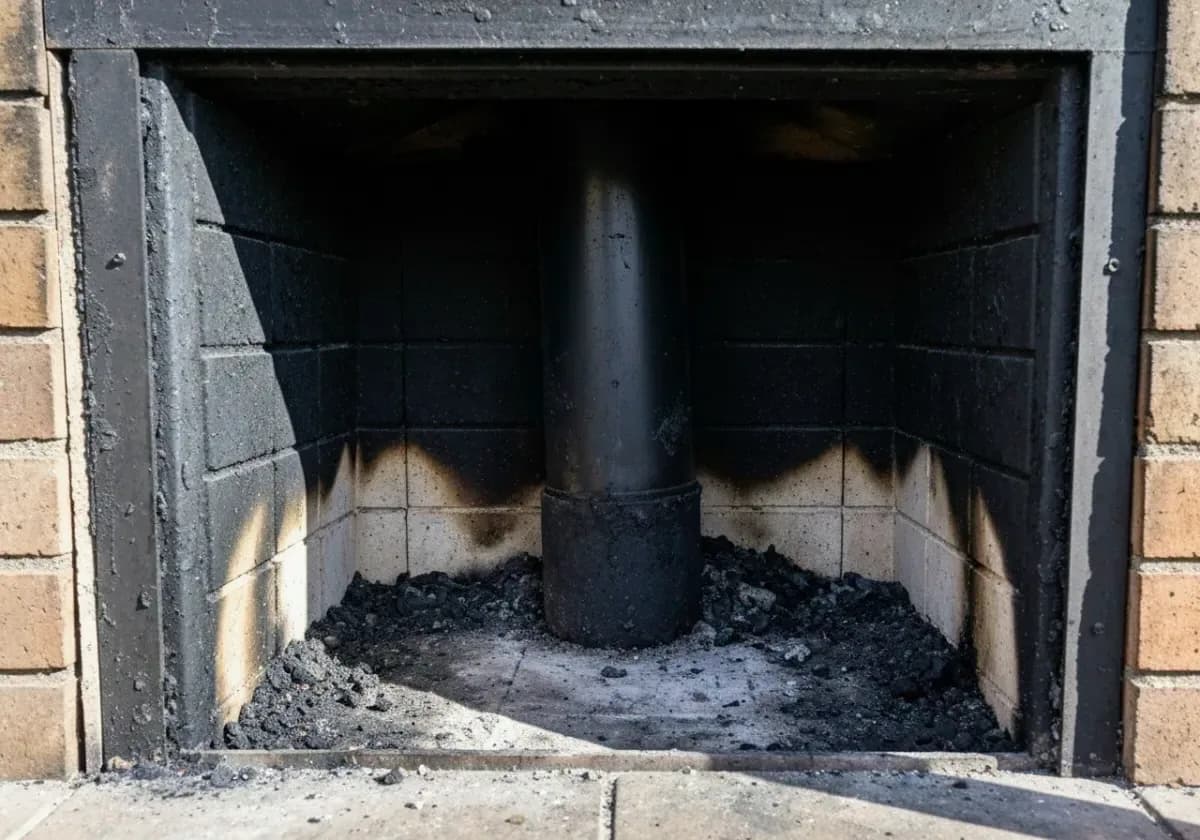 Before — chimney sweep: A winter's worth of soot brushed out of the flue and smoke chamber, down to bare masonry.