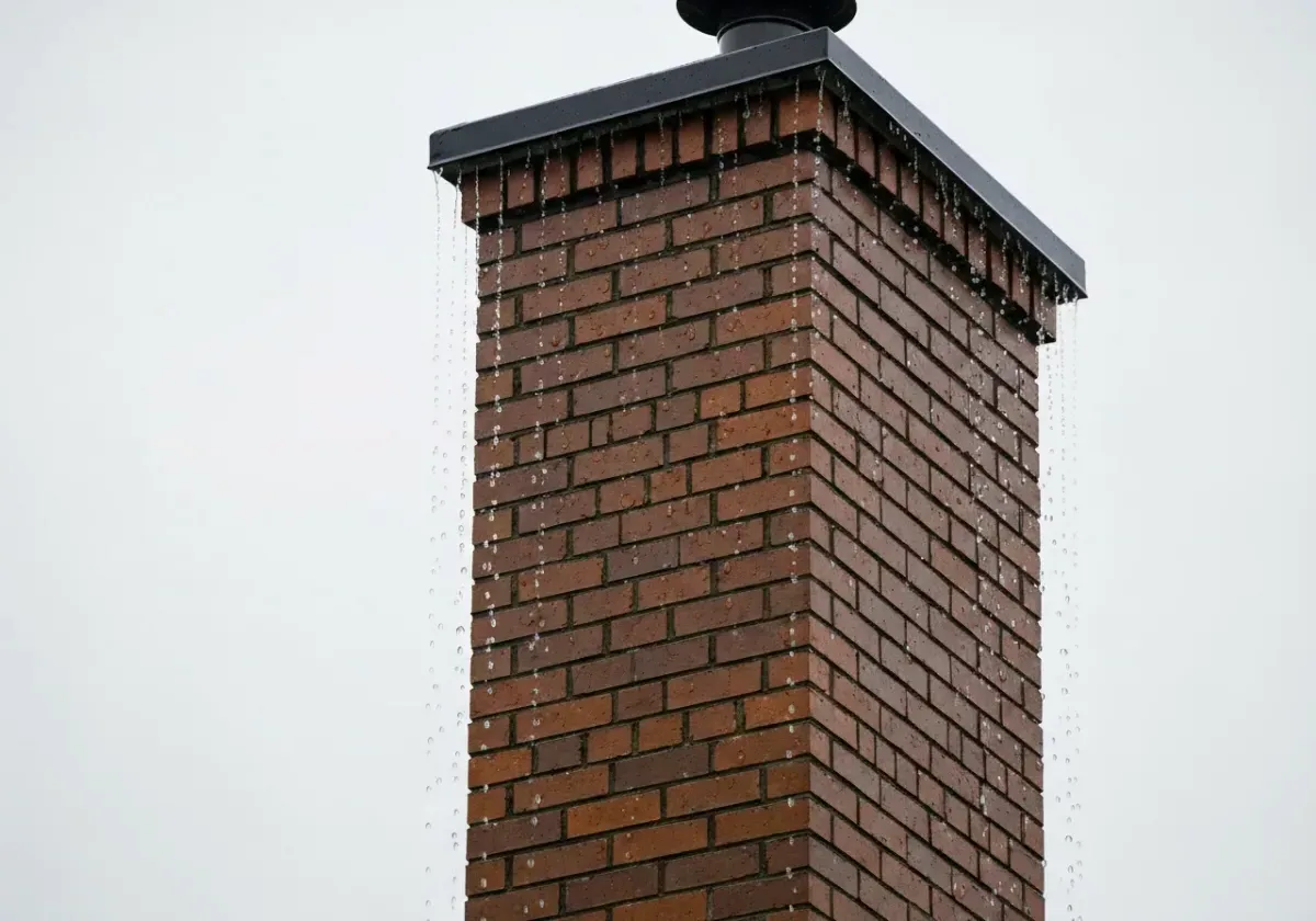 After — chimney waterproofing: Thirsty, rain-stained brick treated with a breathable repellent that lets it dry but not drink.