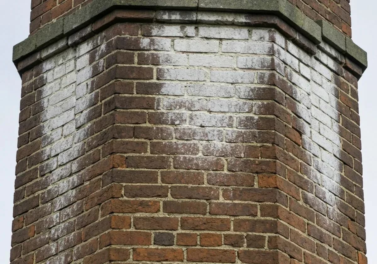 Before — chimney waterproofing: Thirsty, rain-stained brick treated with a breathable repellent that lets it dry but not drink.
