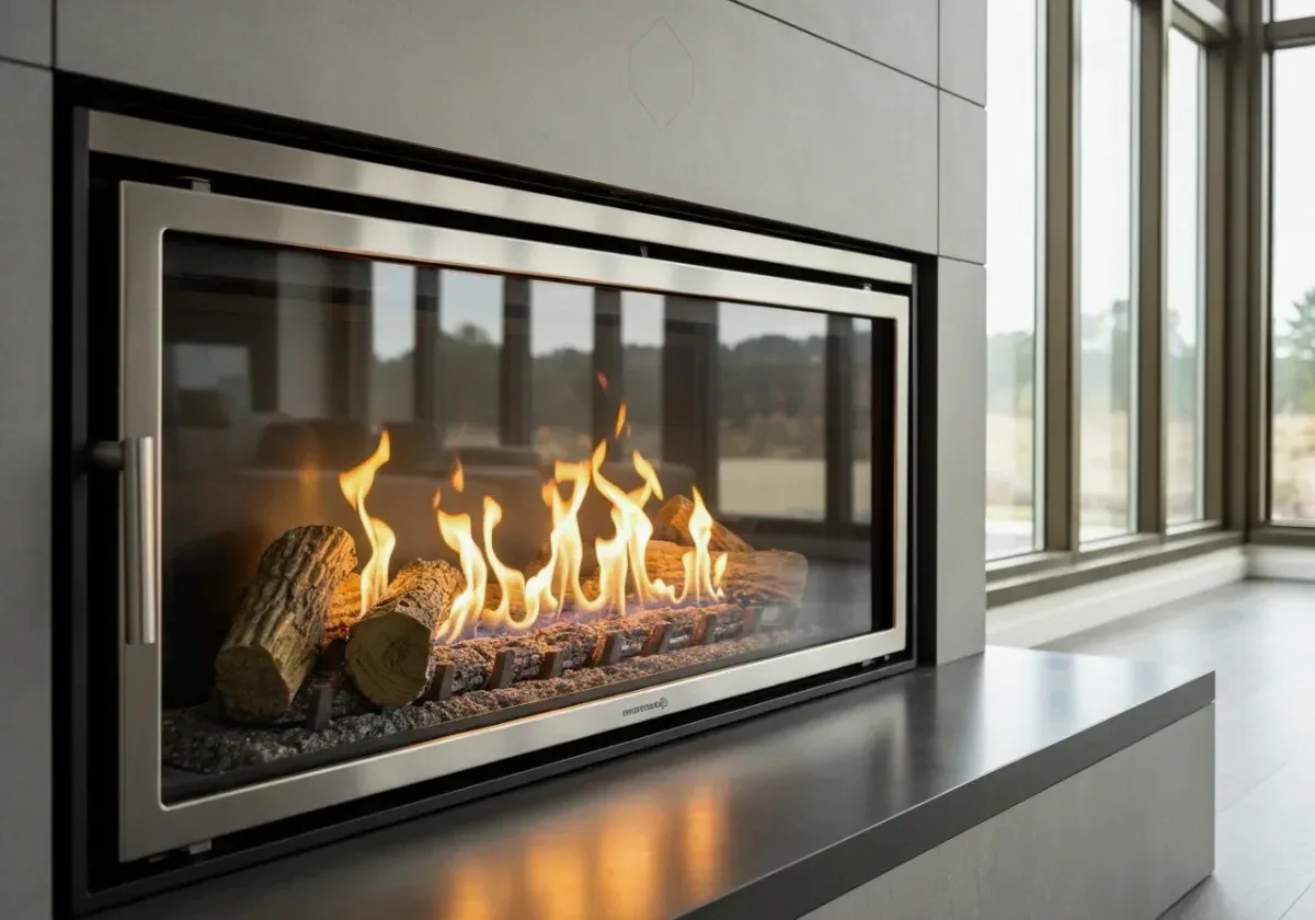 After — gas fireplace service: A sooty, sputtering gas fireplace serviced back to a steady, even blue-based flame.