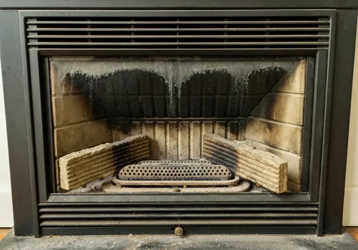 Before — gas fireplace service: A sooty, sputtering gas fireplace serviced back to a steady, even blue-based flame.