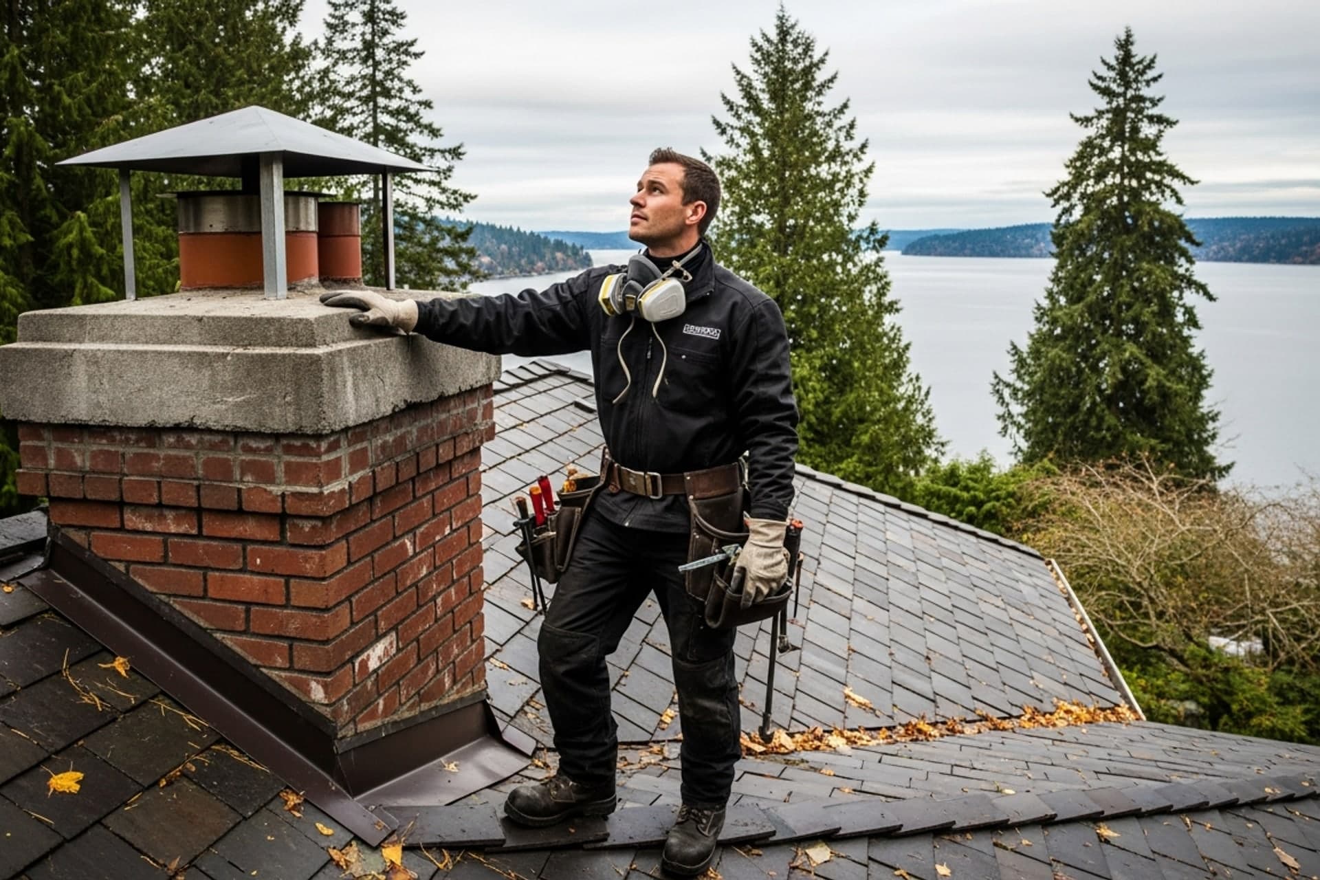 Chimney sweep technician inspecting a rooftop brick chimney on a Kirkland home