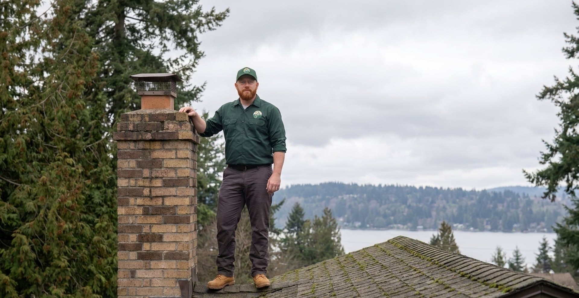 Chimney sweep technician inspecting a rooftop brick chimney on a Kirkland home
