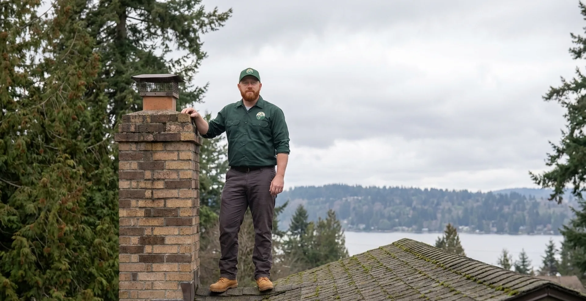 Chimney sweep technician inspecting a rooftop brick chimney on a Kirkland home