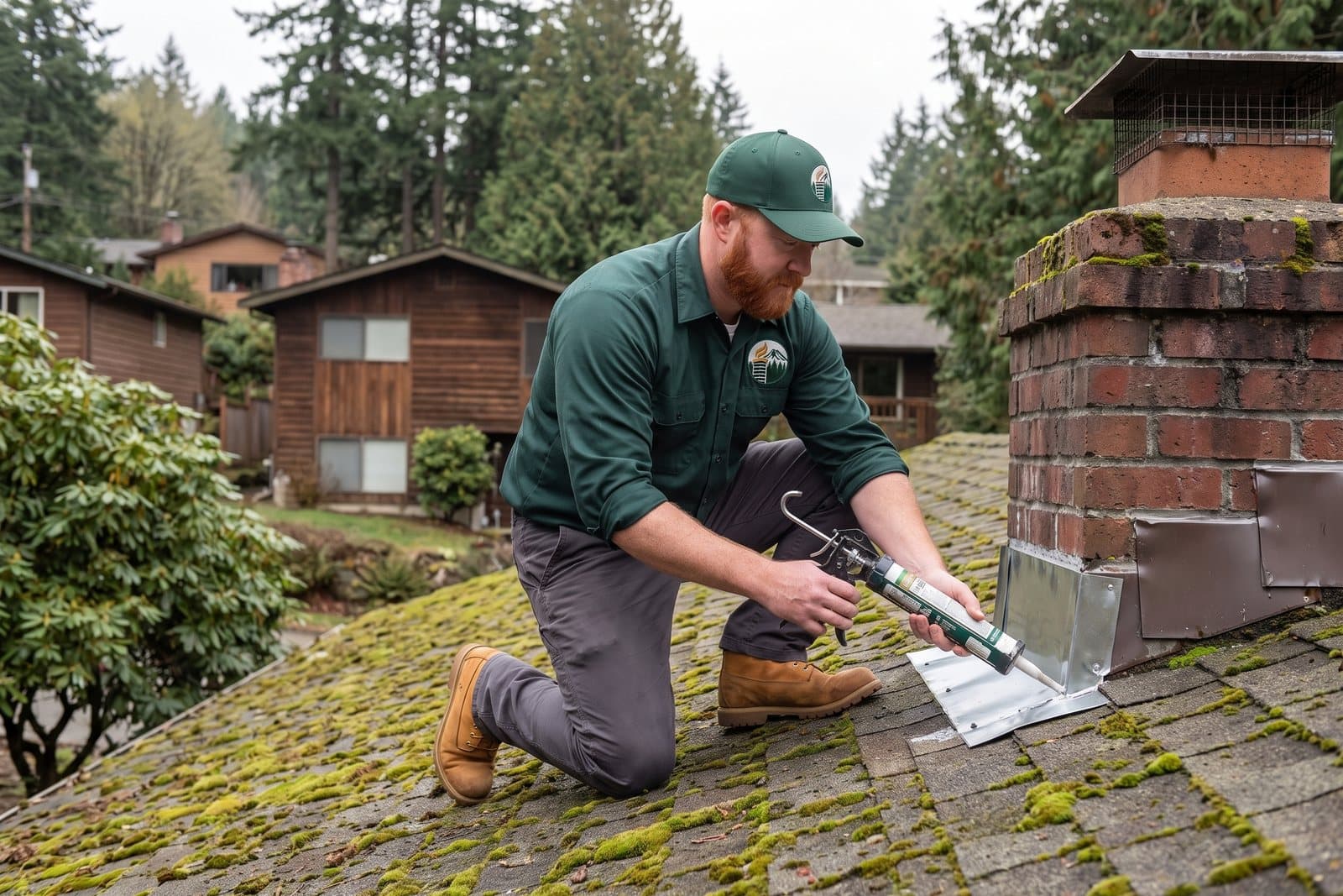 Chimney flashing repair at the roofline