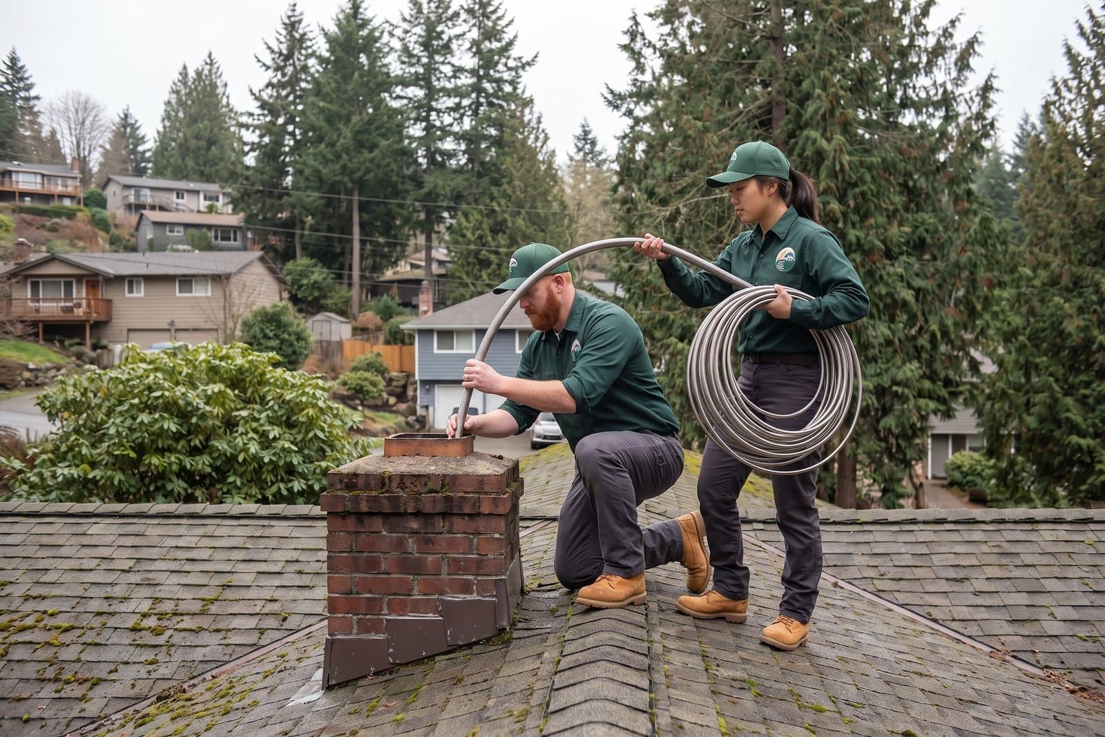 Stainless steel chimney liner being installed