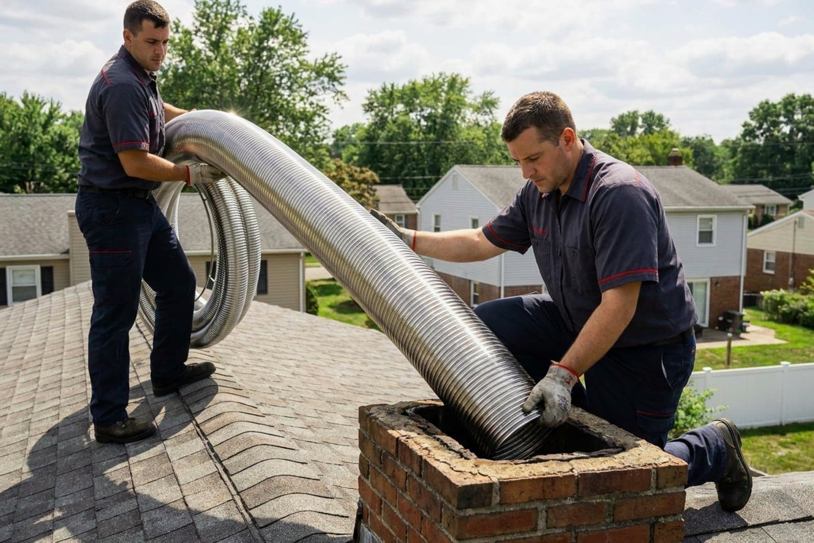 Chimney Relining in Washington — stainless steel chimney liner being installed