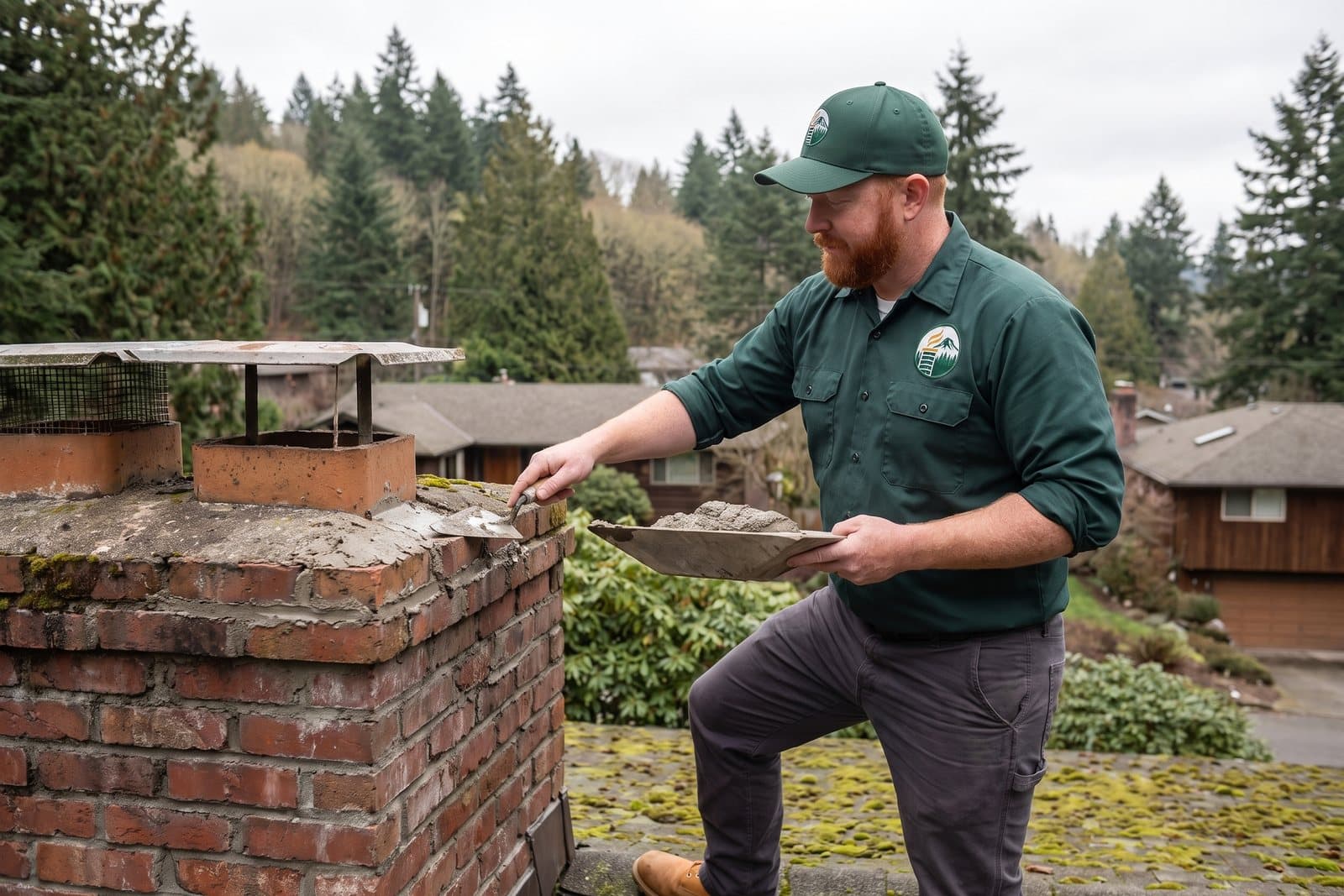 Masonry repair on a brick chimney