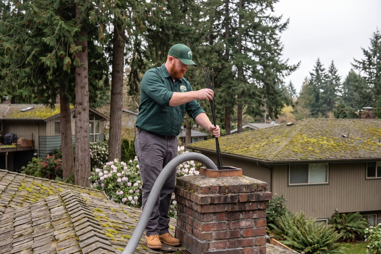 Chimney sweep cleaning a rooftop flue