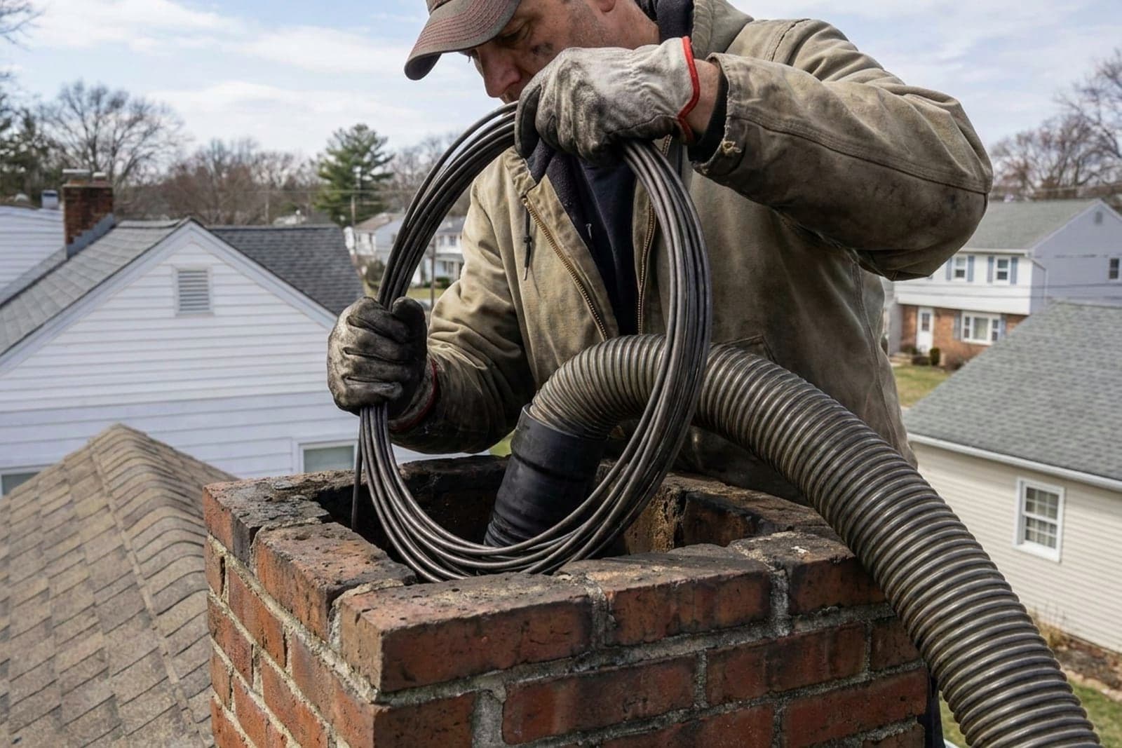 Chimney Sweep in Washington — chimney sweep cleaning a rooftop flue